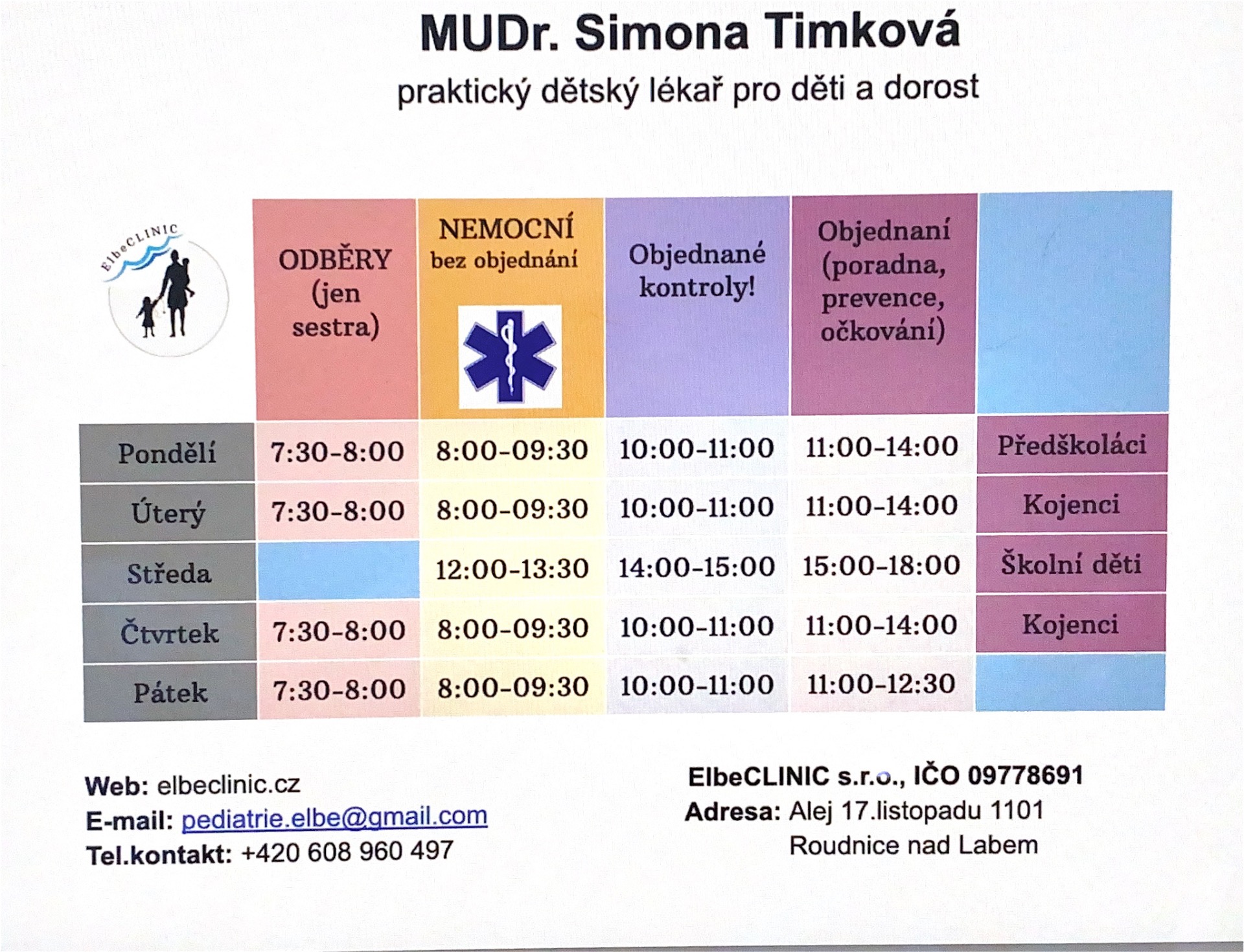 Standardní ordinační doba mimo letní prázdniny